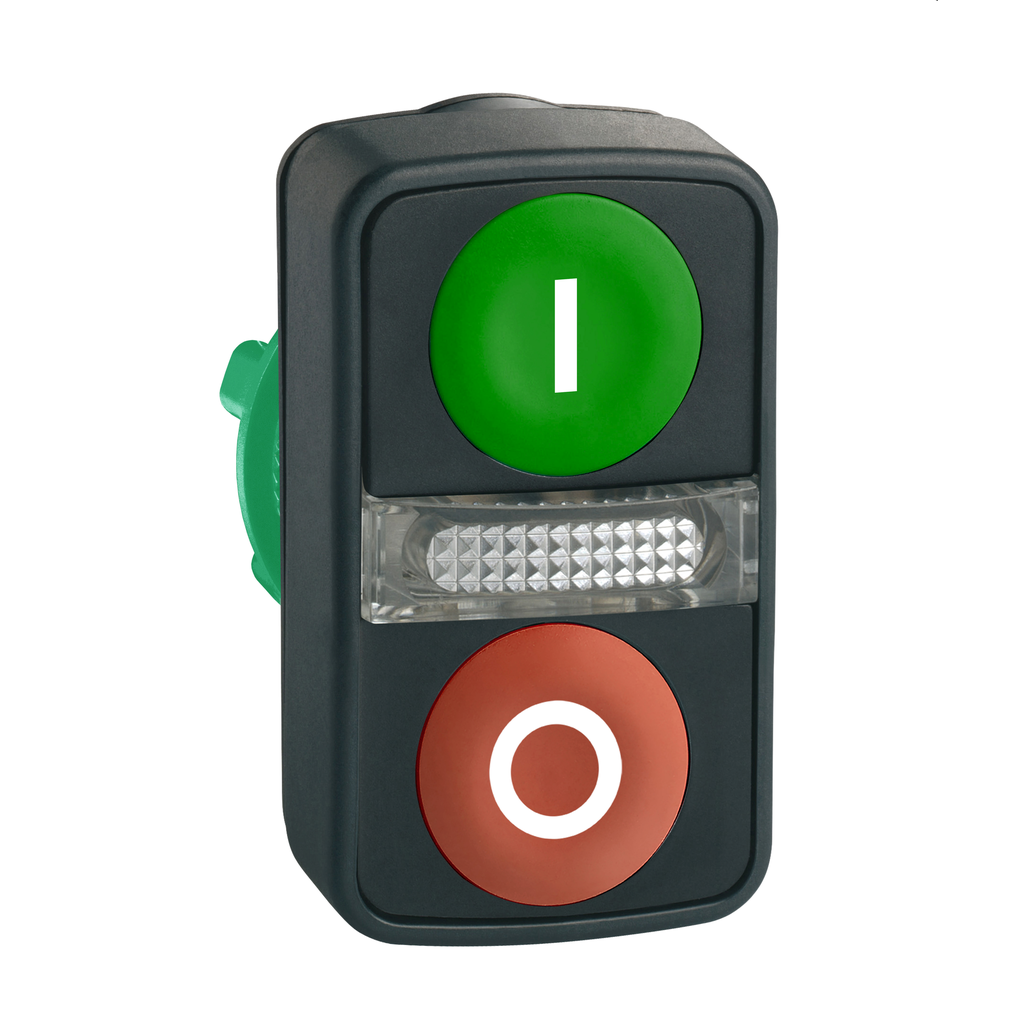 ZB5AW7A3741 - Cabezal pulsador iluminado de doble cabezal, Harmony XB5, plástico, 22 mm, 1 empotrar verde marcado I + 1 luz piloto + 1 empotrar rojo marcado O