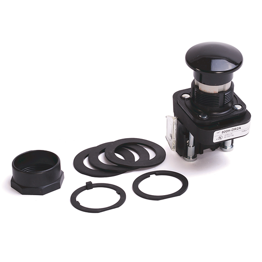 800H-DR2A - 30,5 mm, tipo 4/4X/13, contacto de seguridad momificado, sin iluminación, negro, cabeza de hongo, 1 contacto NA-1 NC