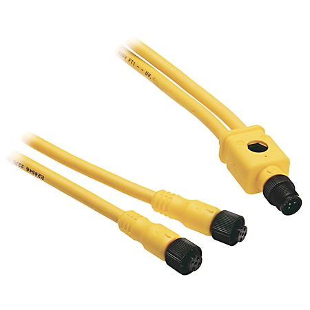 879P-F3ABD4M-5 - V-Cable, Pico (M8), Female, Straight, 3-Pin, PVC Cable, Yellow, Unshielded, 24AWG, DC Micro (M12), Straight Male, 5 meter (16.4 feet)