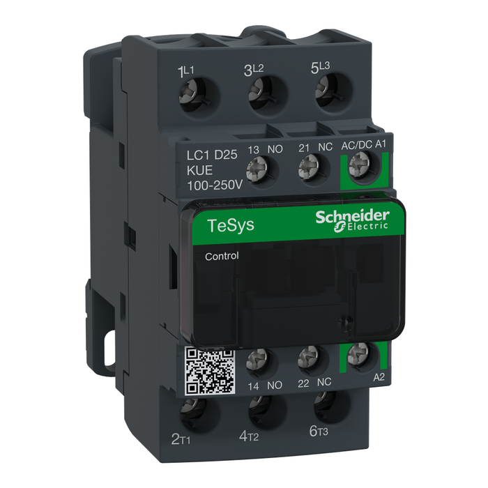 LC1D25KUE - IEC contactor, TeSys Deca Green, nonreversing, 25A, 15HP at 480VAC, up to 100kA SCCR, 3 phase, 3 NO, 100/250VAC/VDC coil