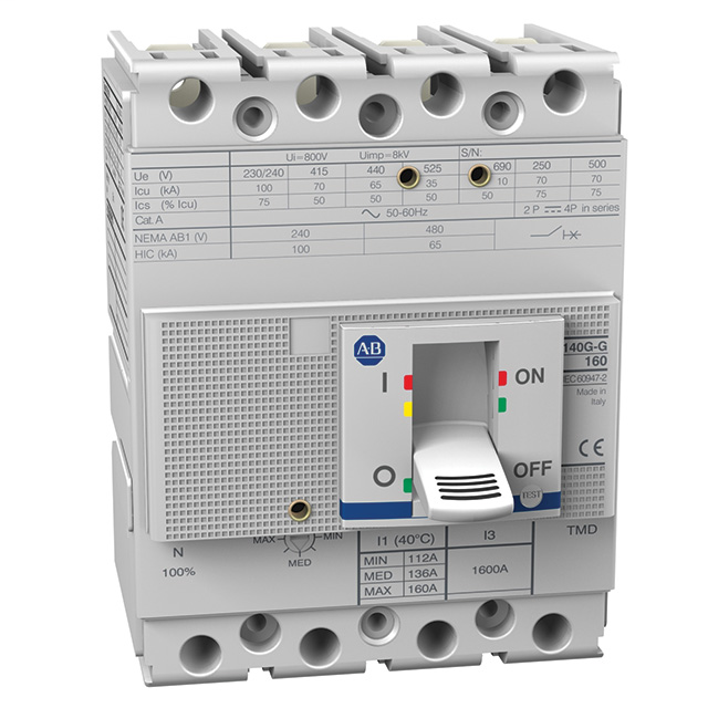 140G-G6E4-D16-AJ - 140G - Molded Case Circuit Breaker, G frame, 65 kA, T/M - Thermal Magnetic, 4 Poles, Rated Current 160 A, 1 NO/NC AUX + Alarm, 24V