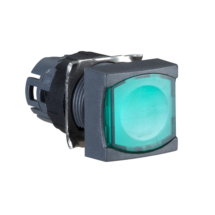 ZB6CF3 - Head for illuminated push button, Harmony XB6, green square flush, 16mm, integral LED, latching, unmarked