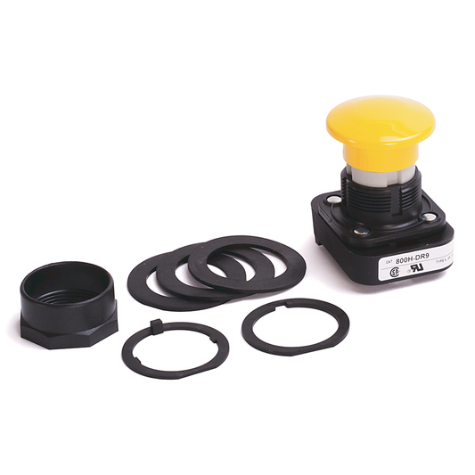 800H-DR9D1 - 30,5 mm, tipo 4/4X/13, conector de contacto mom., sin iluminación, amarillo, cabeza de hongo, 1 contacto NA
