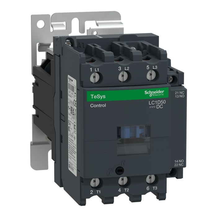 LC1D50BD - IEC contactor, TeSys D, nonreversing, 50A, 40HP at 480VAC, up to 100kA SCCR, 3 phase, 3 NO, 24VDC coil, open