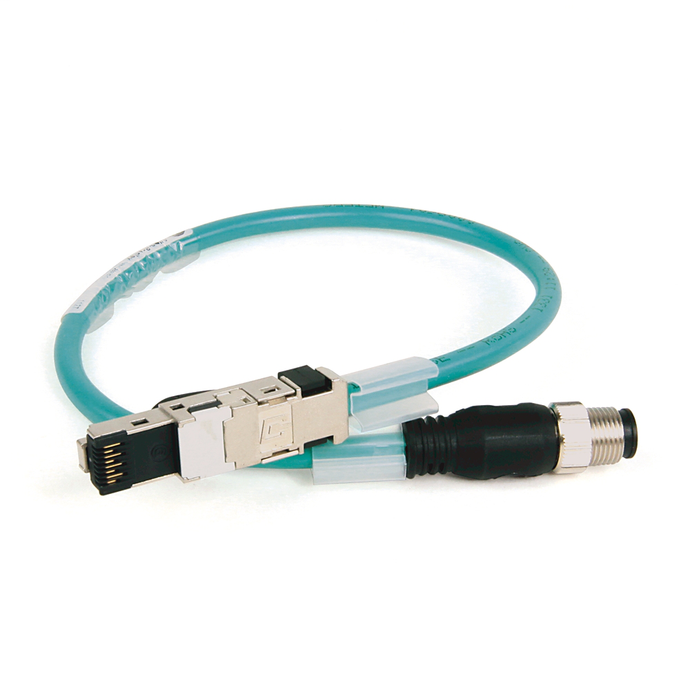1585D-M4UBJM-0M3 - 1585 Ethernet Cables, 4 Conductors, M12, Straight Male, Standard, RJ45, Straight Male, Teal PUR, Shielded, 100BASE-TX, 100 Mbit/s, High Flex, PUR, Halogen Free, 10 million cycles