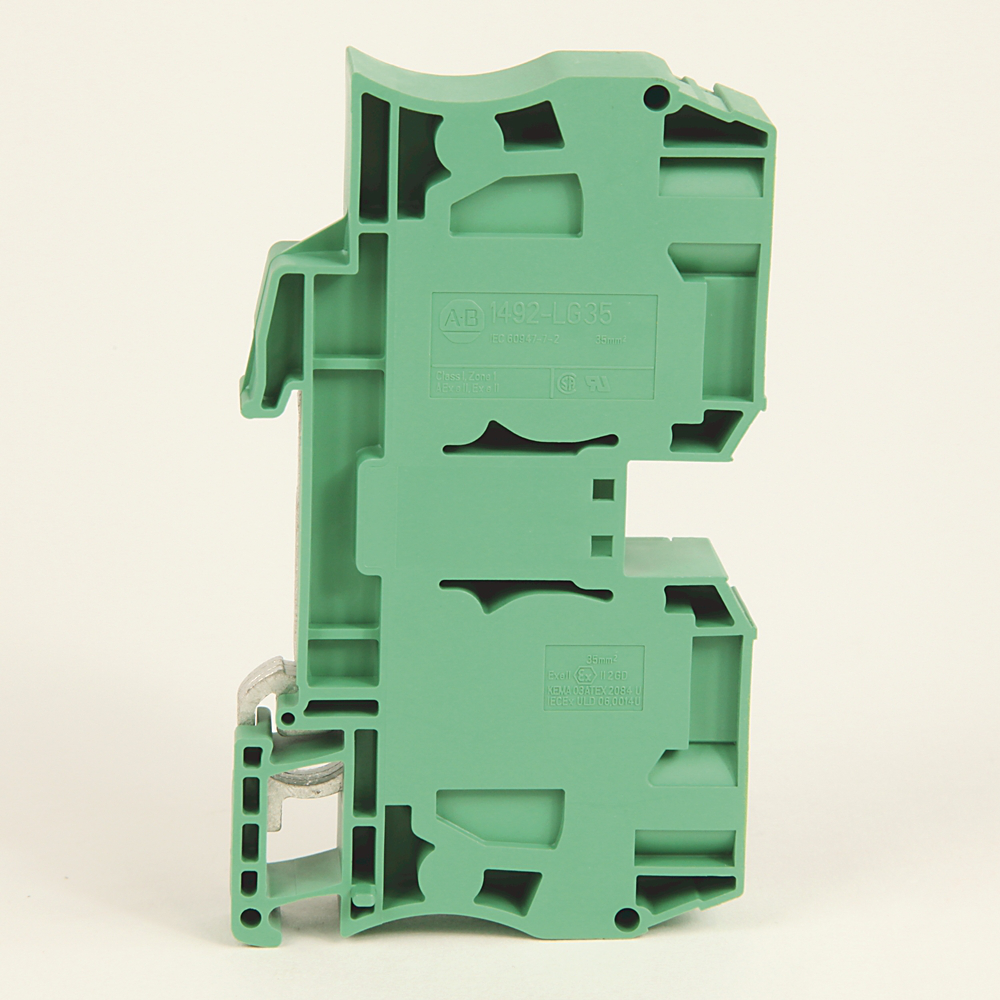 1492-LG3T - Bloque de terminales de abrazadera de resorte, bloque de tierra de paso de un circuito, 2,5 mm (calibre 22-14 AWG), 2 puntos de conexión en un lado, franja verde/amarilla (estándar)