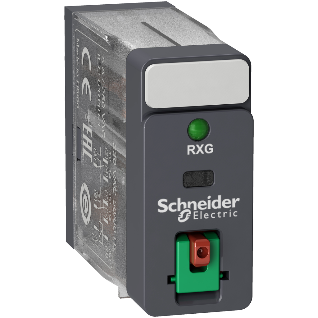 RXG22P7 - Relé enchufable de interfaz, relés electromecánicos Harmony, 5 A, 2 CO, con LED, botón de prueba bloqueable, 230 V CA