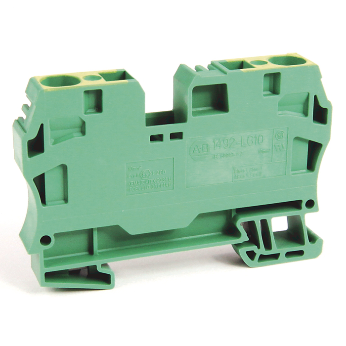 1492-LG6 - Spring Clamp Terminal Block,One-Circuit Feed-Through Ground Block,6 mm (# 22 AWG - # 10 AWG), 4 mm for H4 block,Standard Feedthrough,Green / Yellow Stripe (Standard)