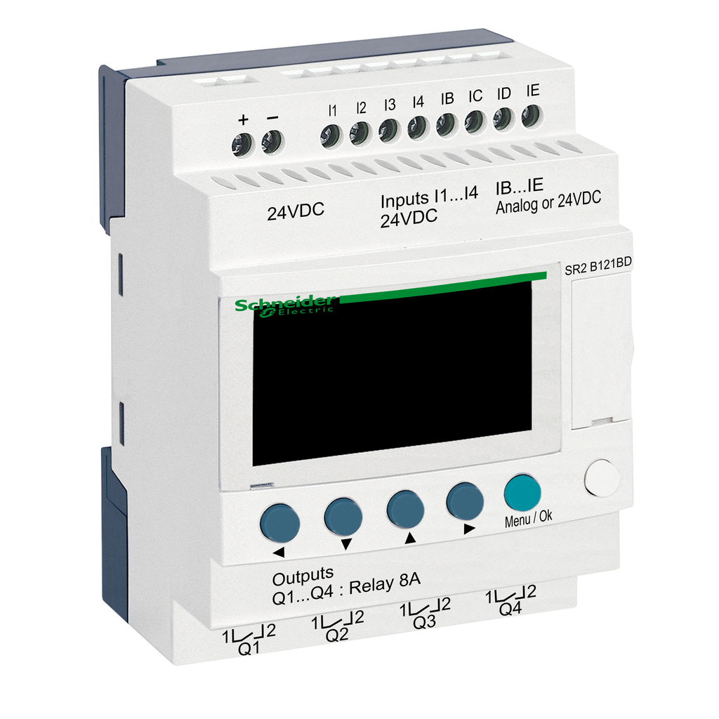 SR2B121BD - compact smart relay, Zelio Logic SR2 SR3, 12 IO, 24V DC, clock, display, 4 relay outputs