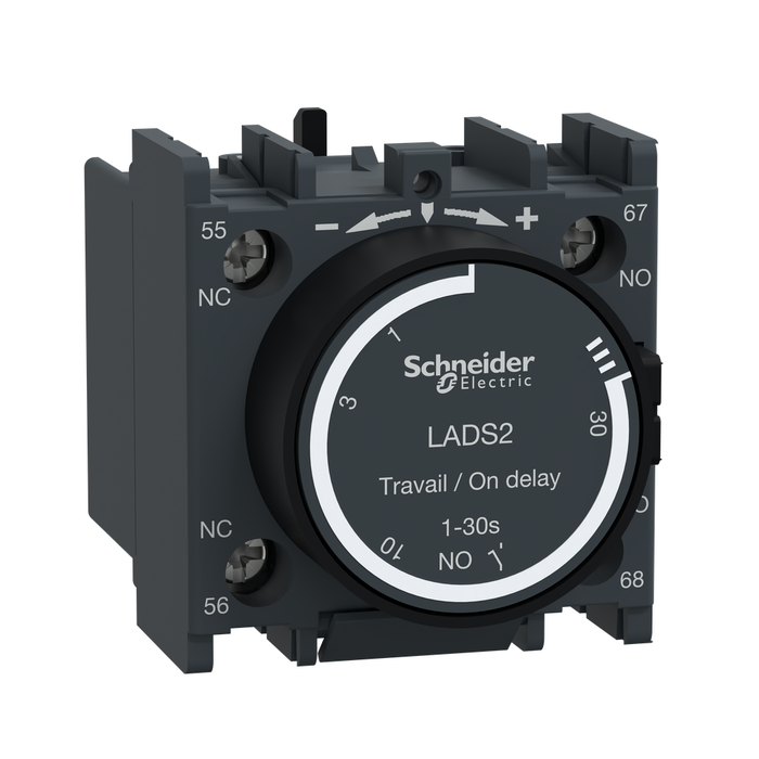 LADS2 - Time delay auxiliary contact block, TeSys Deca, 1NO + 1NC, on delay 1-30s, front, screw clamp terminals