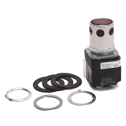 800T-PAH16R - 30.5mm Type 4/13 Mom. Contact PB-Illum., Red, Ext. Hd w/ Guard, LED, 120V AC 50/60 Hz, 1 NO-1 NC