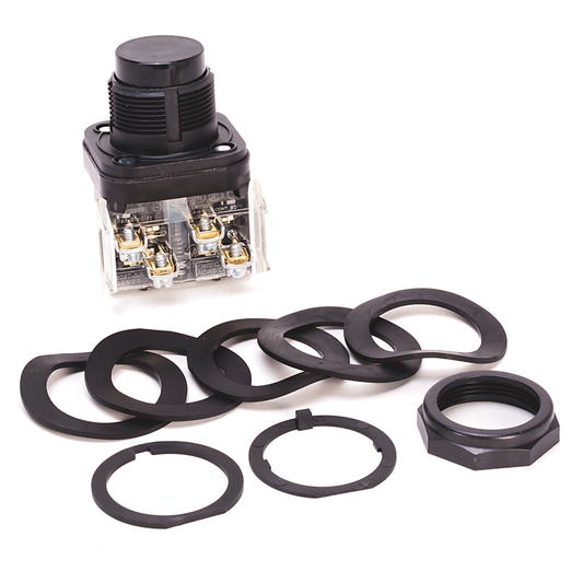 800H-BR2A - 30,5 mm, tipo 4/4X/13, conector de contacto mom., sin iluminación, negro, extremo extendido, 1 contacto NA-1 NC