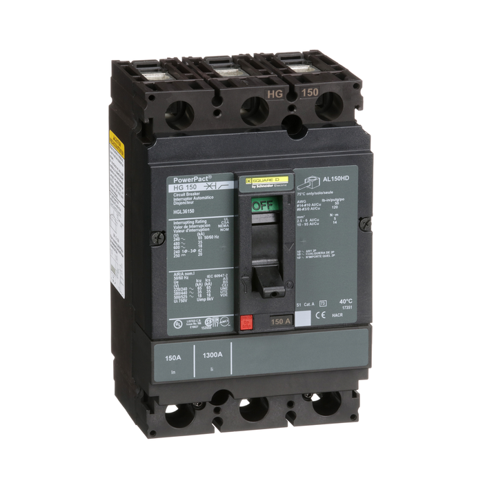 HGL36150 - Circuit breaker, PowerPacT H, 150A, 3 pole, 600VAC, 18kA, lugs, thermal magnetic, 80%