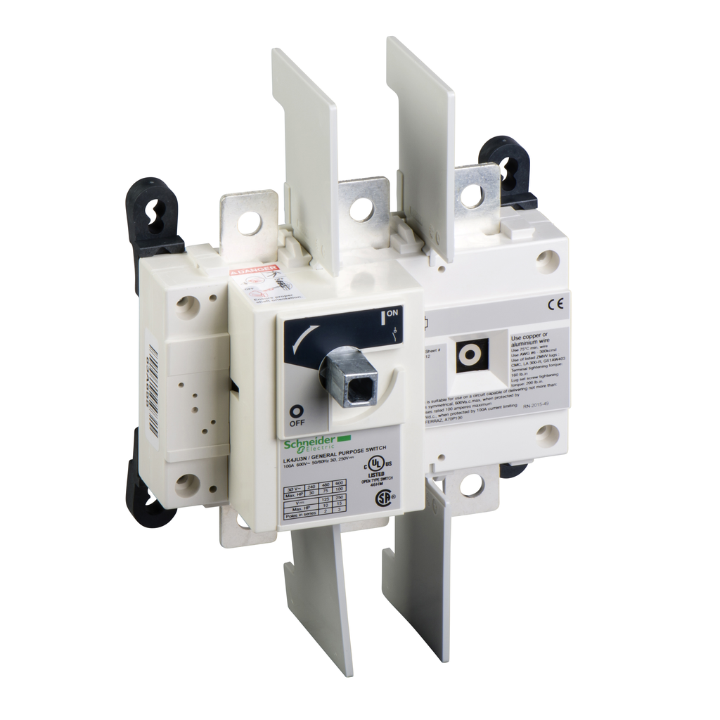 LK4JU3N - Interruptor de desconexión, TeSys LK, sin fusibles, 100 A, 600 V, clasificación HP, 3 polos, manija giratoria, hasta 200 kA SCCR