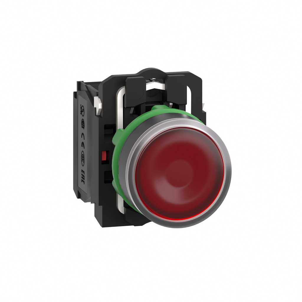 XB5AW34G5 - Illuminated push button, Harmony XB5, plastic, red flush, 22mm, universal LED, plain lens, 1NO + 1NC, 110...120V AC