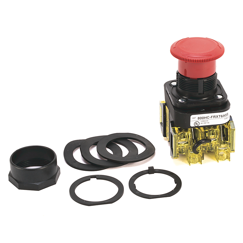 800HC-FRXT6A5S - 30,5 mm, tipo 4/4X/13, 2 pos., PB, sin iluminación, empujar-tirar/girar para liberar, rojo, 2 automonitorizaciones NCLB, protección para dedos