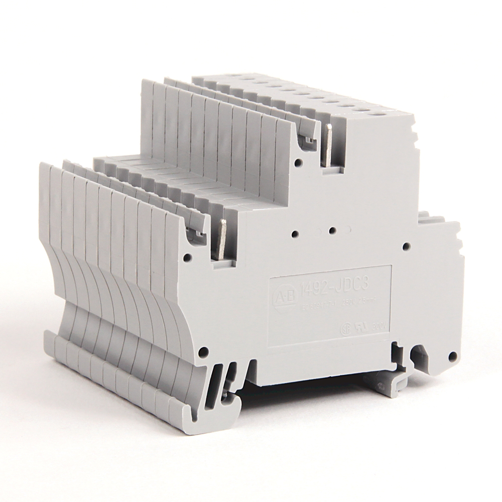 1492-JDC3 - 1492-J IEC Terminal Block, Two-Circuit Feed-Through Block, 2.5 mm (# 24 AWG - # 12 AWG), Plug-In comb connections on one side of each circuit, Gray (Standard)