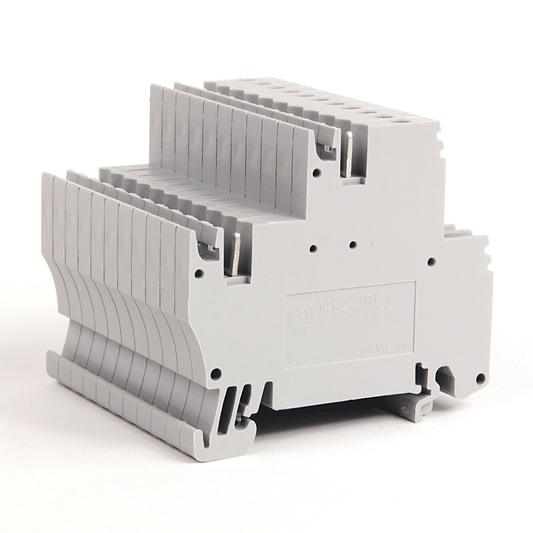 1492-JDC3 - 1492-J IEC Terminal Block, Two-Circuit Feed-Through Block, 2.5 mm (# 24 AWG - # 12 AWG), Plug-In comb connections on one side of each circuit, Gray (Standard)