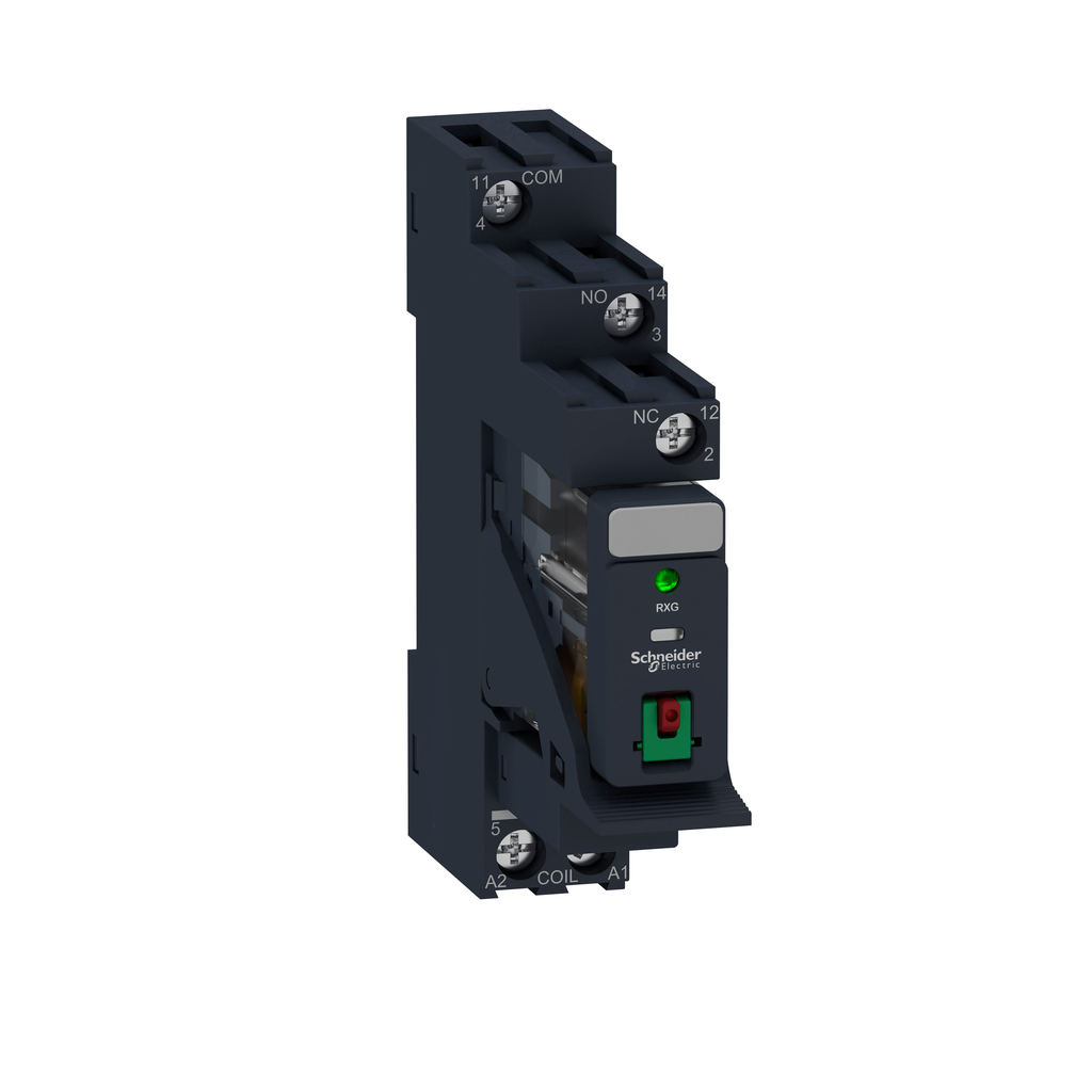 RXG12B7PV - Relé de interfaz enchufable, relés electromecánicos Harmony, preensamblado, 10 A, 1 CO, con LED, botón de prueba bloqueable, 24 V CA
