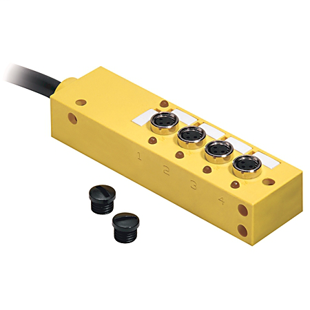 898P-P34PT-D8 - Caja de distribución, Pico (M8), LED PNP, 4 puertos de entrada, puertos en la parte superior de la caja, conector CC micro, conexión principal QD micro macho de 8 pines