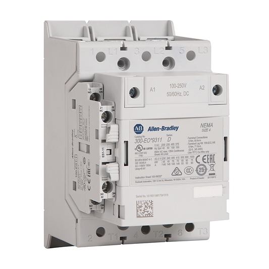 300S-EOEN9312C-L - Contactor de seguridad 300S, NEMA tamaño 4, abierto, 250-500 V 50-60 Hz/250-500 V CC con interfaz PLC de 24 V CC, tres polos NA, 1 contacto auxiliar NA - 1 NC