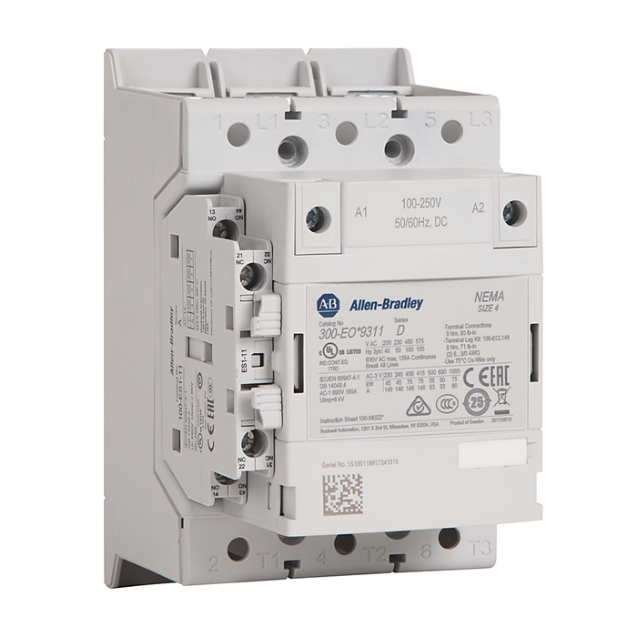 300-EOJ9311-L - 300 NEMA Contactor, NEMA Size 4, Open, 24-60V 50-60 Hz/24-60V DC, Three NO Poles, 1 N.O. - 1 N.C. Auxiliary Contact