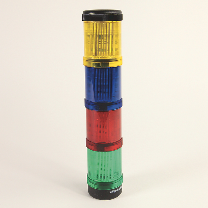 855EC-B10B4B3B6 - Control Tower Stack Light, Pre-Assembled, Surface / 1/2 inch NPT Conduit Mount with Cap, Black Housing, 115V AC Full Voltage, Red Strobe, Green Strobe, Blue Strobe