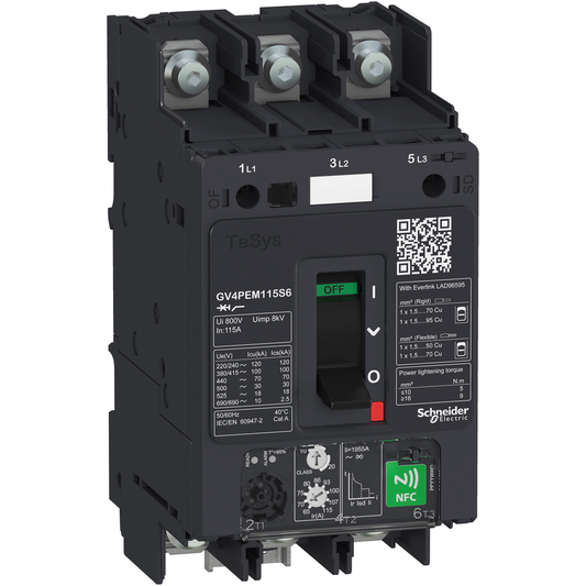 GV4PEM03S6 - Disyuntor de motor, TeSys GV4, 3P, 3,5A, Icu 100kA, multifunción termomagnético, terminales de orejetas