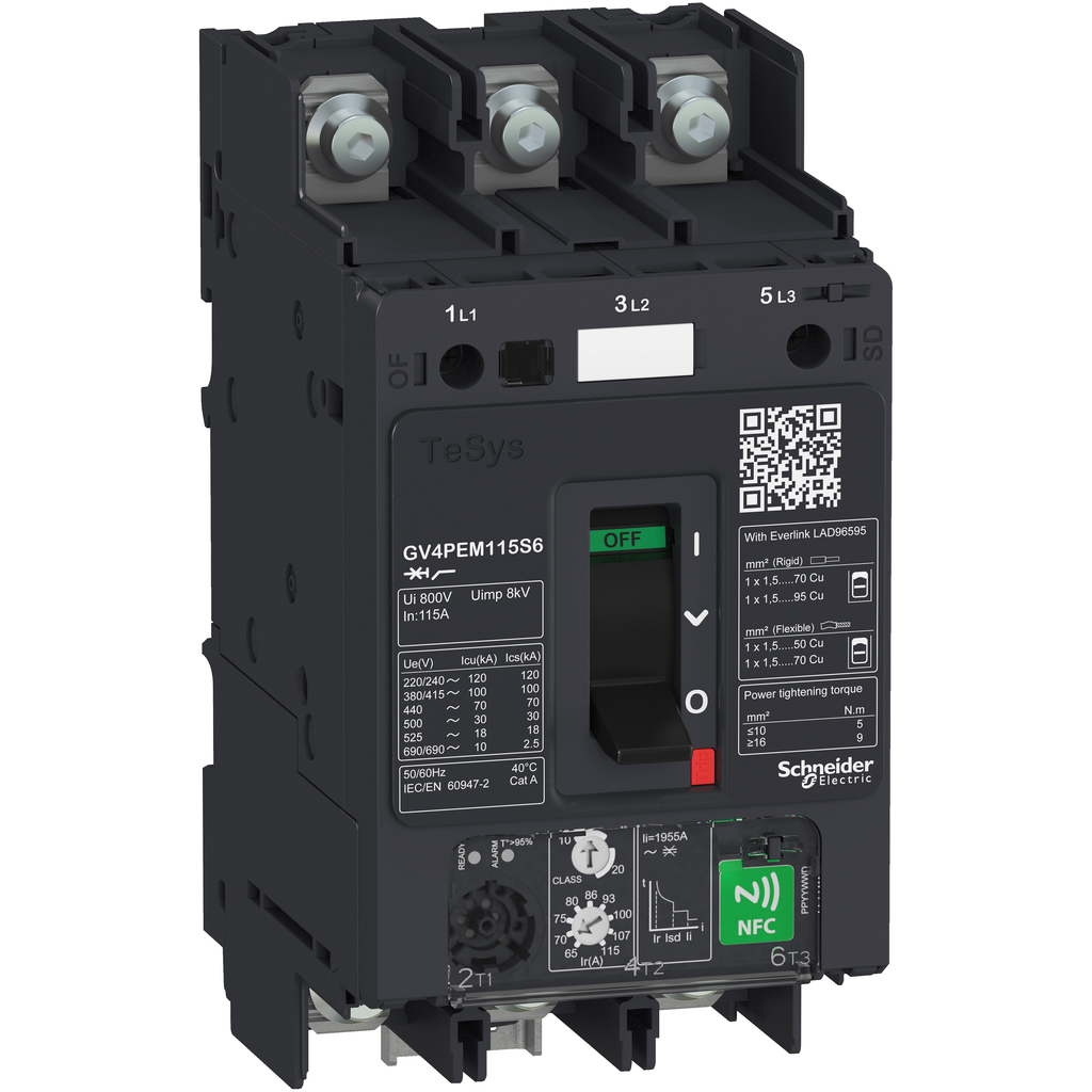 GV4PEM50B6 - Disyuntor de motor, TeSys GV4, 3P, 50A, Icu 25kA, multifunción termomagnético, terminales de orejetas