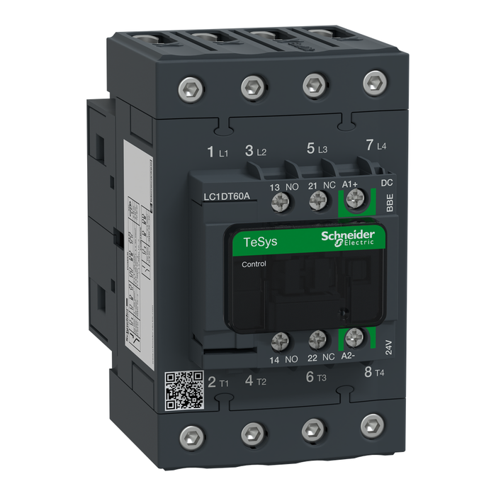 LC1DT60ABBE - IEC contactor, TeSys Deca Green, nonreversing, 60A resistive, 4 pole, 4 NO, 24VDC coil, open style