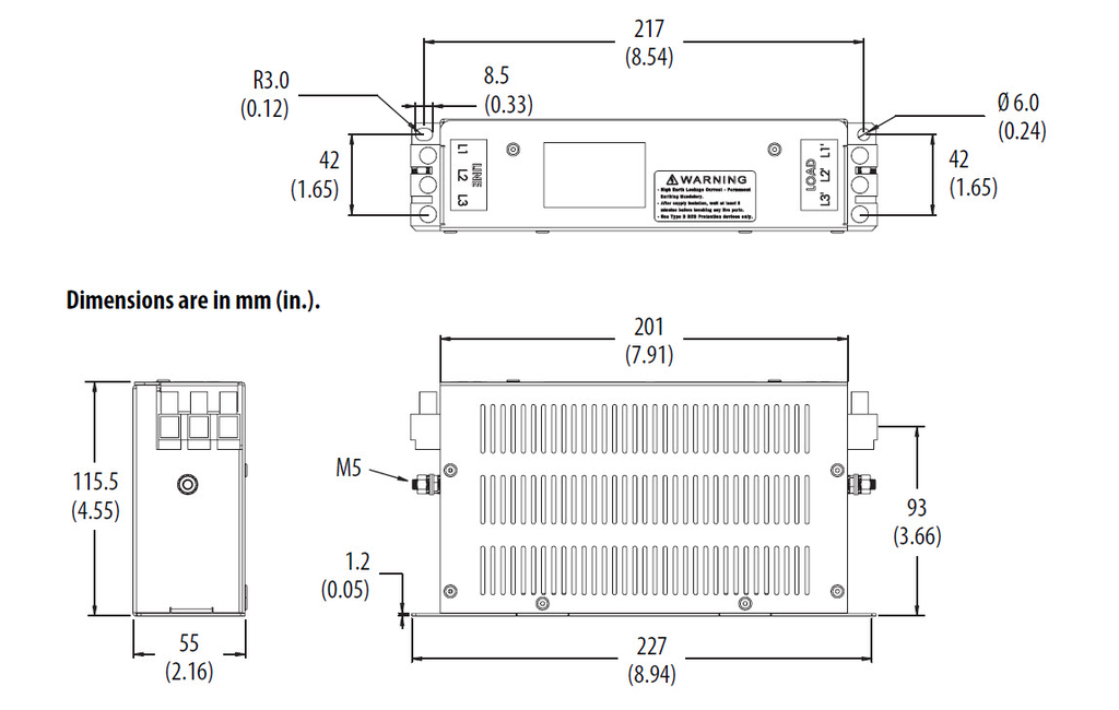 2198-DB20-F - 20 Amp three phase EMC line filter, Kinetix 5500