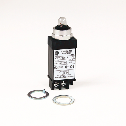 800T-PST16 - Piloto pequeño 800T, transformador (o entrada doble), pulsador de prueba, tipo transformador, lámpara incandescente, 120 V CA 50/60 Hz