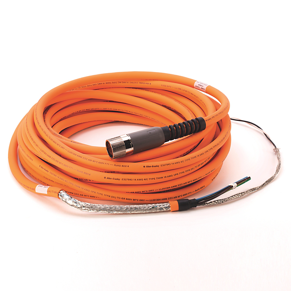 2090-CPBM7DF-14AA15 - Cable SpeedTEC, alimentación de motor con cables de freno, conector DIN SpeedTec, extremo de accionamiento, cable flotante, 14 AWG, estándar (no flexible), 15 metros