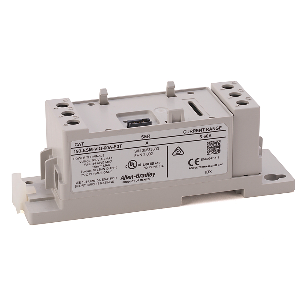 193-ESM-VIG-60A-E3T - E300 Overload Relays (193/592 IEC/NEMA), Voltage/Current/Ground Fault Sensing Module (6...60 A) DIN Rail / Panel Mount with Line- and Load-side Power Conductor Terminals. Directly replaces 193-ECPM2.