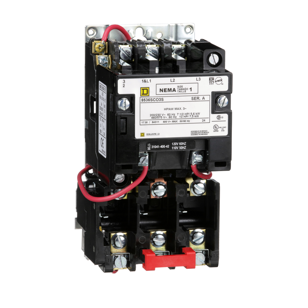 8536SCO3V02S - NEMA motor starter, Type S, nonreversing, Size 1, 27A, 10 HP at 460VAC, 5kA SCCR, 3 phase, 3 pole, melting alloy, 120VAC coil, open