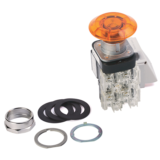 800TC-FXJEPH16RA1 - 30.5mm Type 4/13 2 Pos. PB-Illum., Push-Pull, Red, Jumbo Mushroom Hd (Push-Pull) with E-Stop, LED, 120V AC 50/60 Hz, 1 NCLB-1 NO, Finger Safe Guards