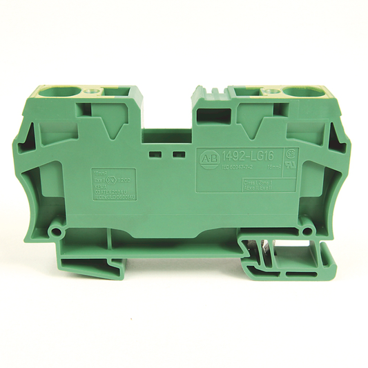 1492-LG16 - Spring Clamp Terminal Block,One-Circuit Feed-Through Ground Block,16 mm (# 14 AWG - # 4 AWG),Standard Feedthrough,Green / Yellow Stripe (Standard)