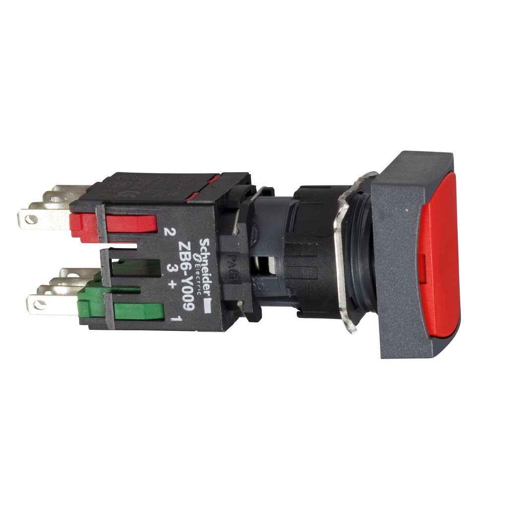 XB6DA45B - Complete push button, Harmony XB6, red rectangular flush pushbutton, 16mm, spring return, 1NO + 1NC, unmarked