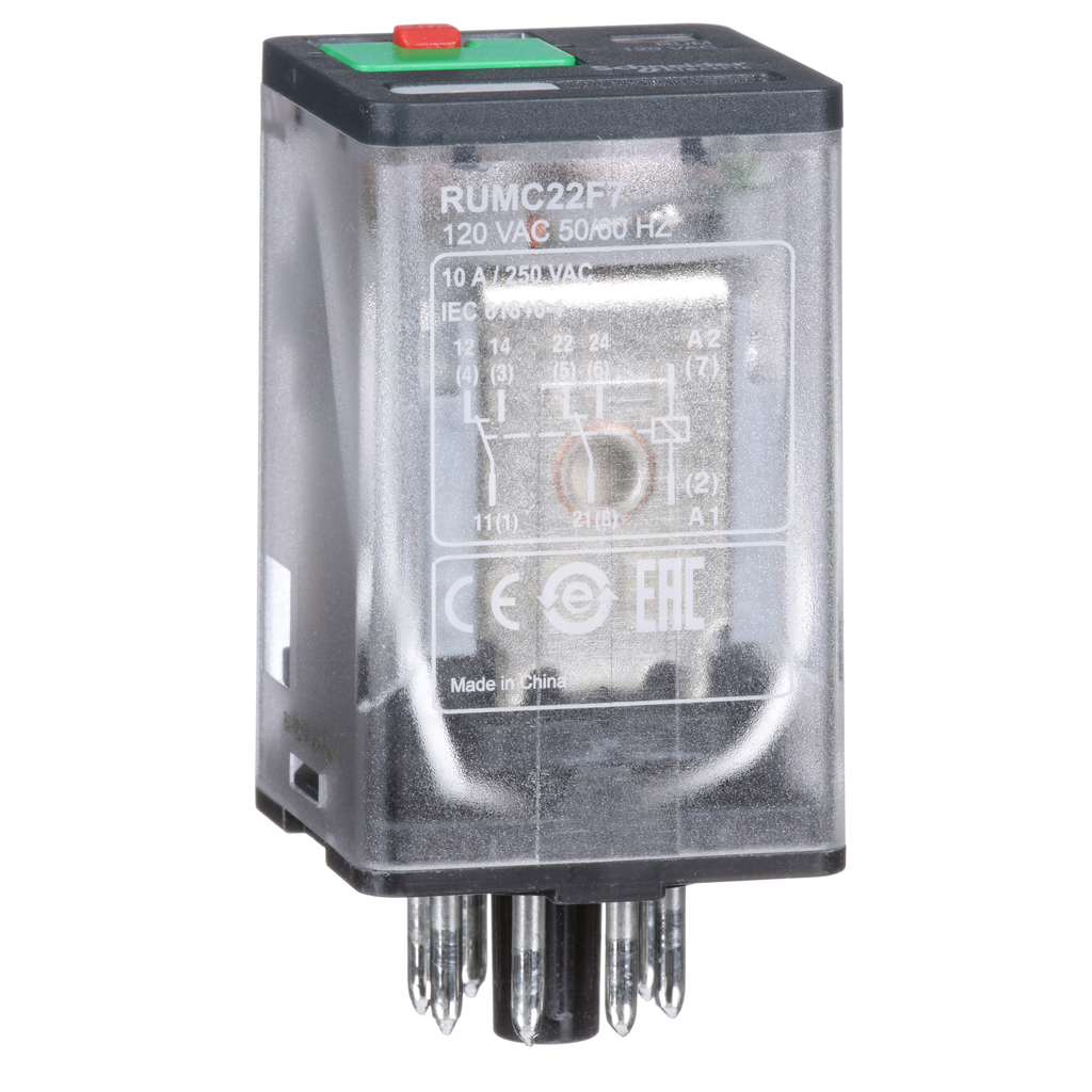 RUMC22F7 - Harmony RUM, universal plugin relay, 2 C/O, octal base, 10 A, 120 VAC, with LED