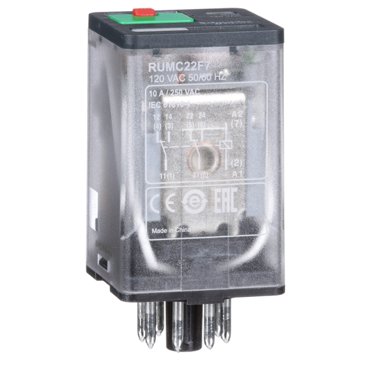 RUMC22F7 - Harmony RUM, universal plugin relay, 2 C/O, octal base, 10 A, 120 VAC, with LED