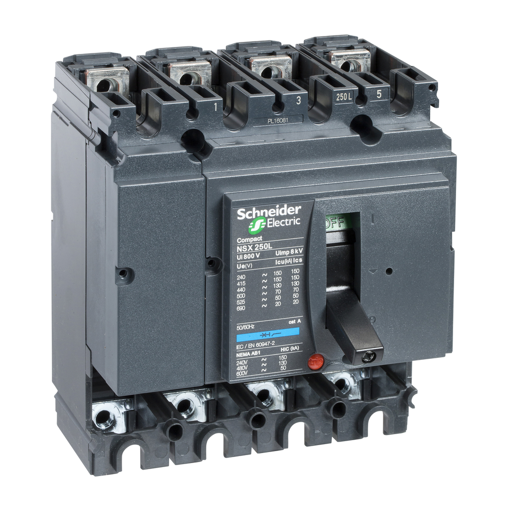 LV431410 - Disyuntor de bastidor básico, Compact NSX250L, 150 kA a 415 V CA 50/60 Hz, 250 A, sin unidad de disparo, 4 polos