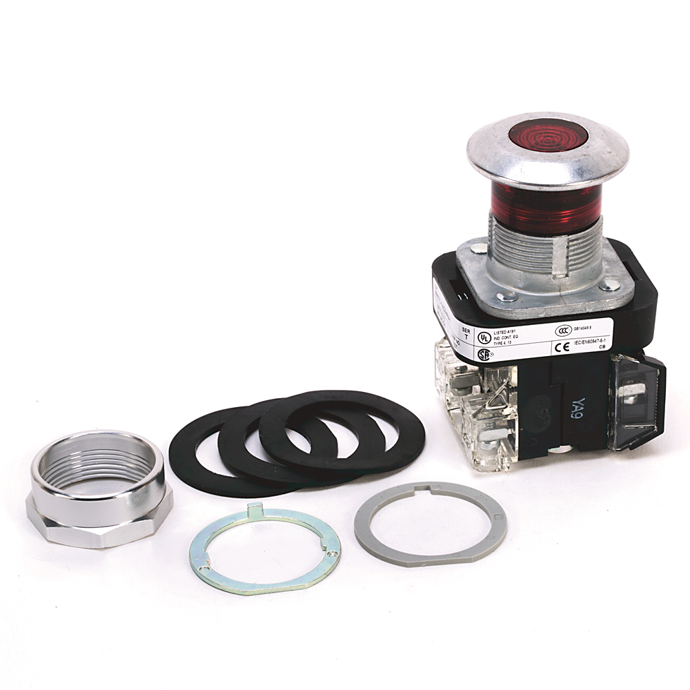800TC-FXQH2RA4 - 30.5mm Type 4/13 2 Pos. PB-Illum., Push-Pull, Red, Mushrm Hd, LED, 12-130V AC/DC, 2 NC, Finger Safe Guards