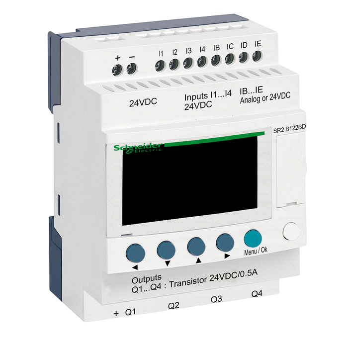 SR2B122BD - compact smart relay, Zelio Logic SR2 SR3, 12 IO, 24V DC, clock, display, 4 transistor outputs (Qty. 30)