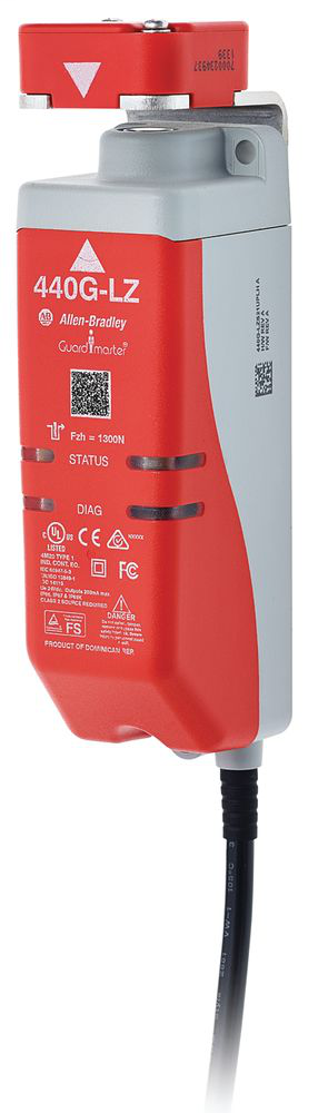 440G-LZS21STRA - Guard Locking Switch - 440G-LZ: Solenoid Voltage: 24V DC, Contacts(Safety and Aux): 2 x PNP (0.2A max.), 1 x PNP (0.2A max.) - Door proximity, Actuator: RFID Standard, Conduit Entry: 3 m Lead