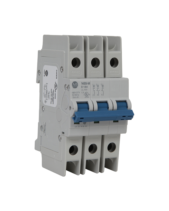 1489-M3D016 - Bulletin 1489 Miniature Circuit Breaker, Standard configuration, AC, 3 Pole Configuration, Trip Curve D, UL/CSA Max. Voltage: 480Y/277V AC, IEC/EN Max. Voltage: 400V AC,1.6 A