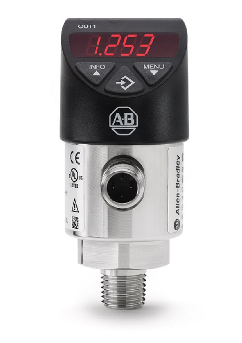 Solid-State Pressure Sensor, Sanitary/Hygienic, Display/Push-button, Switch, -14.5 psi ( -1 bar ), 1.5" Tri-Clamp Sanitary, 100 psi (6.89 bar), Gauge, 1xPNP x 1 Analog(4-20 mA) IO-Link, 4-Pin DC Micro(M12), IO Link Enabled