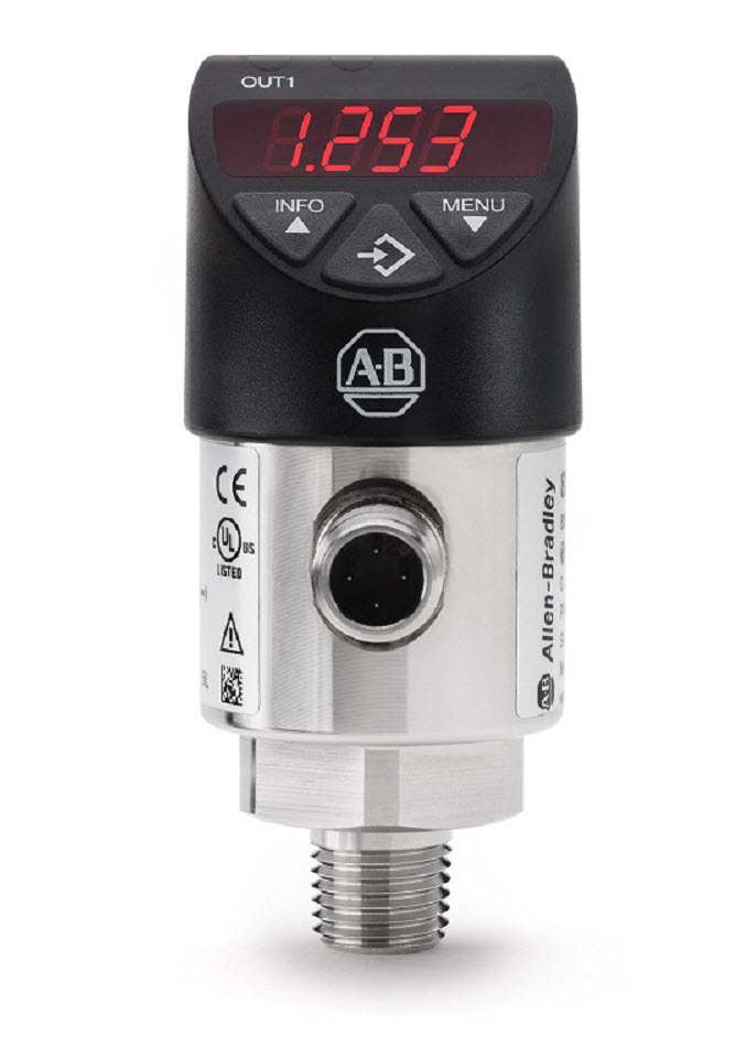 836P-D1NMGA14PP-D4 - Solid-State Pressure Sensor, Standard, Display/Push-button, Switch, -14.5 psi ( -1 bar ), 1/4 NPT Male, 14.5 psi (1 bar), Gauge, 2xPNP - IO-Link, 4-Pin DC Micro(M12), IO Link Enabled