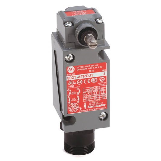 802T-ATPDJ1 - Limit Switch, NEMA Type 4 and 13 Oiltight Construction, Plug-In, Safety Switch, Lever Type, Spring Return, Standard Operating Torque, 4-Circuit, CW and CCW operation, Whole Switch, 9-Pin Mini-Type Receptacle (J1 Wiring)