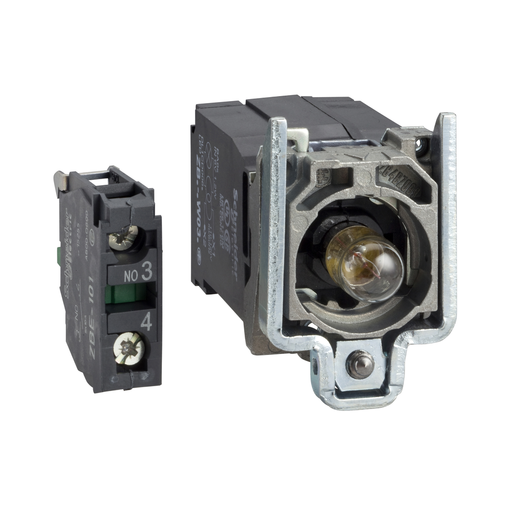 ZB4BW041 - Conjunto completo de cuerpo/contacto y bloque de luces, Harmony XB4, con cuerpo/collarín de fijación, bombilla incandescente BA9s, 220...240 V, 1 NO
