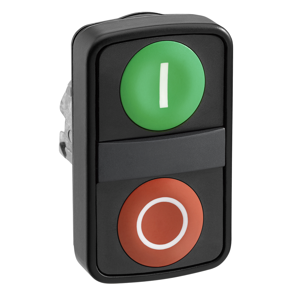 ZB4BL73417 - Cabezal para pulsador de doble cabezal, Harmony XB4, pulsador verde rasante/rojo saliente Ø22 mm con marcado
